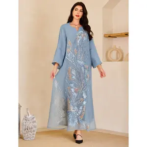 Women'S Elegant Islamic Abaya Kaftan - Long Muslim Dress with Beaded Accents, A-Line Silhouette, Modest Full Coverage, All-Season Islamic Clothing for Everyday & Special Occasions - Middle Eastern Formal & Casual Outfit, Muslim Dress, Vacation Outfit, Vne