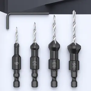 4-Piece HSS Hex Shank Tapered Countersink Drill Bit Set - Fits 6#10#13#16# Screws, Pre-Drill Countersink Holes, Deburr Chamfer Tool - Quick Change, Anti-Slip for Wood Plastic Furniture Assembly