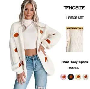 TFNOSIZE Halloween Solid Color Pumpkin Embroidered 3D Knit Cardigan Sweater Women's Winter Streetwear Long Sleeve Jacket with Knitwear
