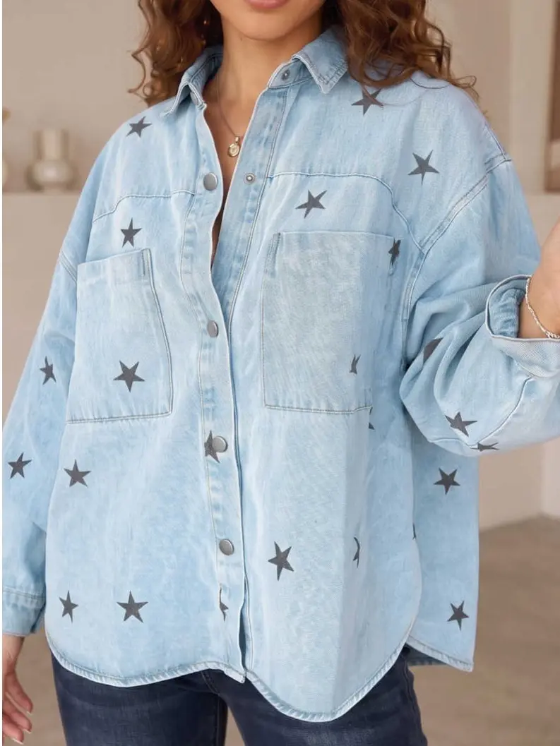 Women's Fashion Cotton Blend Star Print Denim Jacket - Button-Up Long Sleeves Tops with Classic Shirt Collar, Metal Buttons, Chic Everyday Layering Outerwear for Fall, Travel