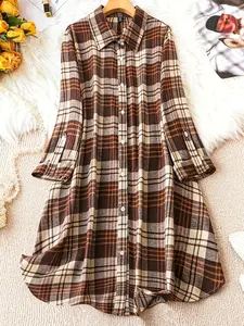 Elegant Casual Plaid Button Front Long Sleeve Dress, Loose-Fitting Ditsy Floral Pattern, Spring & Fall Women's Fashion