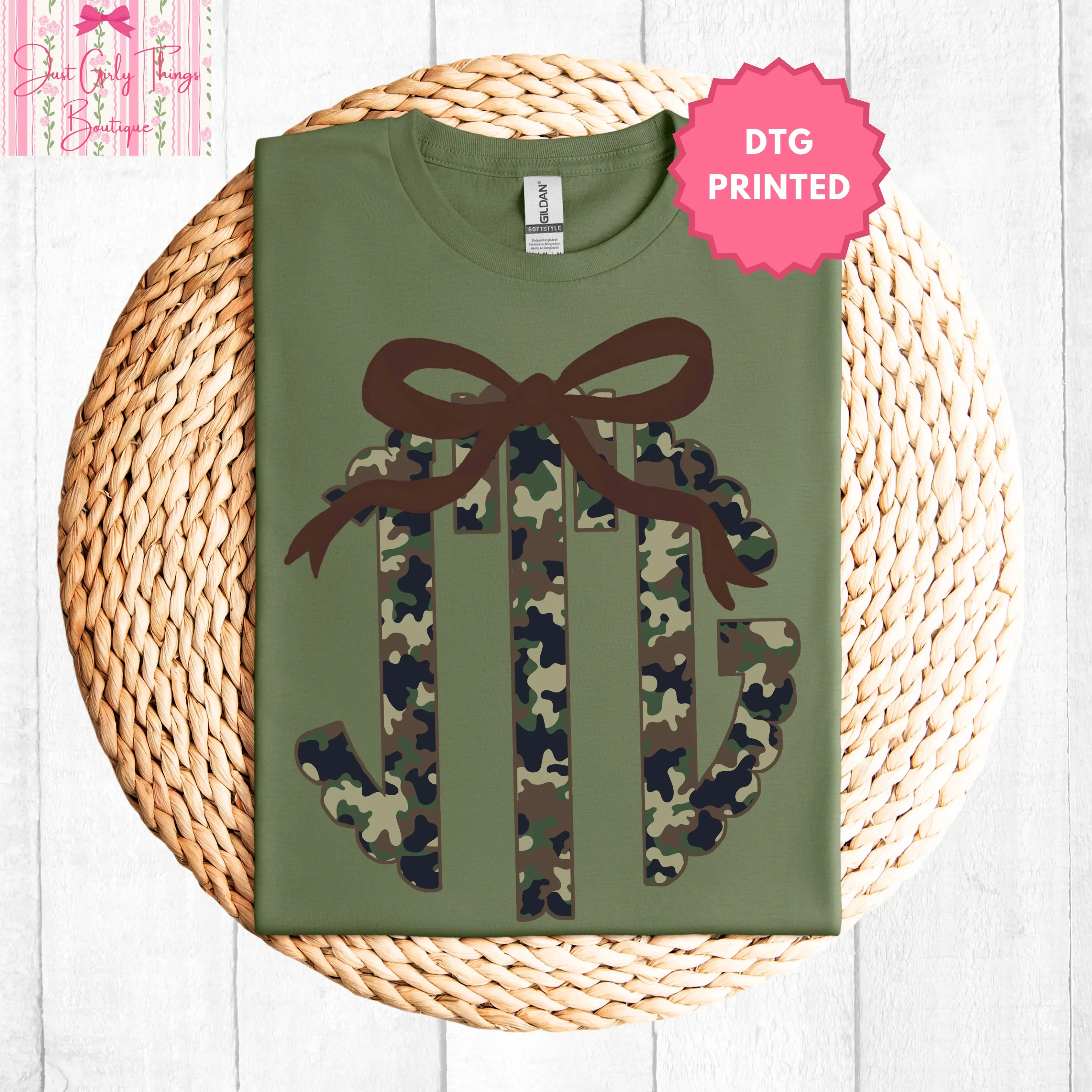 Custom Camo Monogram Shirt ~ (Leave First Name Initial, Last Name Initial, Middle Name Initial in Notes at Checkout) - Gildan 64000 Softstyle/Gildan 5000 Heavy Cotton Tee -  Coquette Bow Monogram Tee, Custom Monogram Shirt, Camouflage Monogrammed Shirt