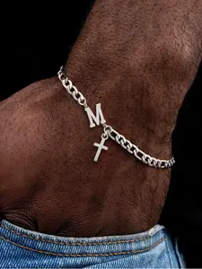 Men's Silver Color Stainless Steel Cross Pendant Bracelet, Fashion Classic Figue Chain, Casual Style, All Seasons Jewelry, Bracelet With Pendant