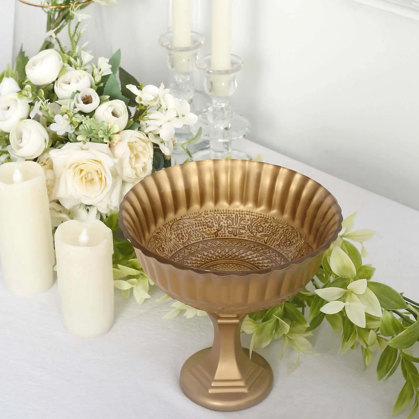 7" Roman Style Gold Glass Pedestal Compote Floral Bowl, Antique Vase for Sophisticated Event Decor (Home, Festive, Wedding Supplies)