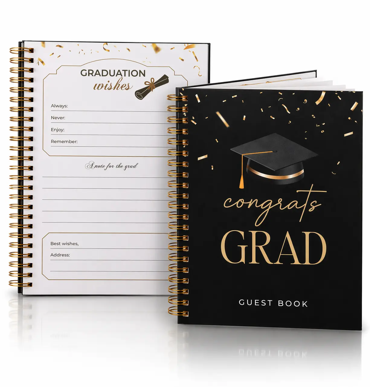Graduation Guest Book - Black Hardcover Gold Spiral Binding - 120 Guest Pages - Grad Book with Guestbook Table Sign Academic Planner