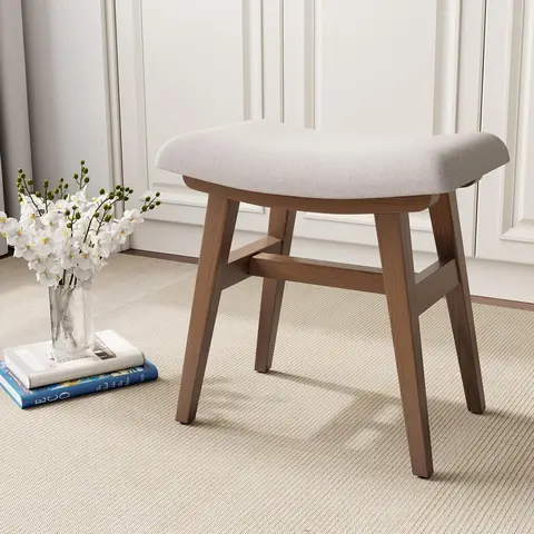 Modern Solid Wood Frame Vanity Stool - Backless, Armless Makeup Stool with Saddle Cushion, High-Strength Rebound Sponge, Single Seat, Assembly Required for Bedroom, Entryway