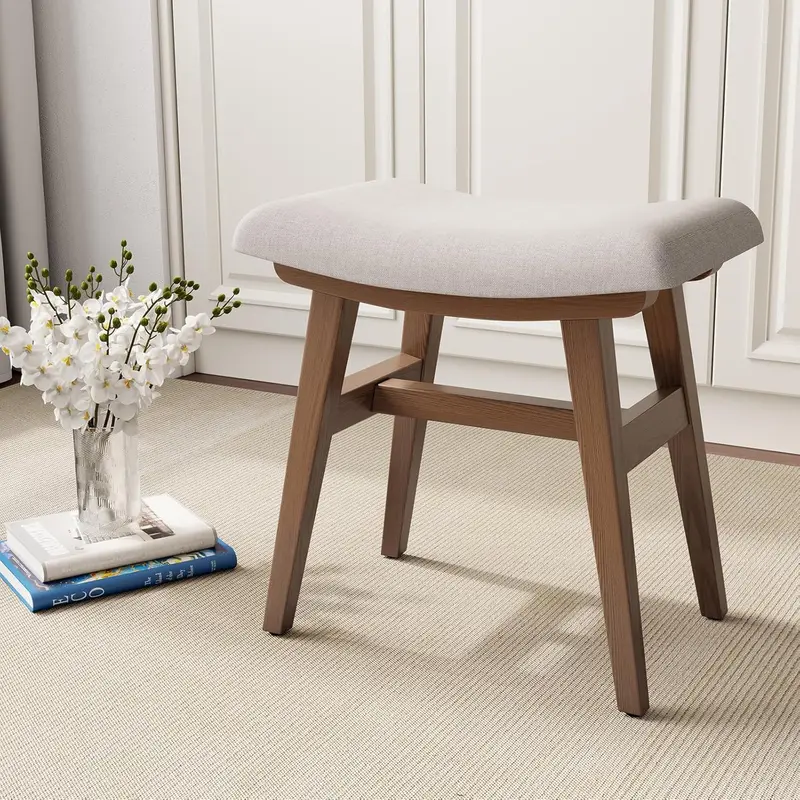 Modern Solid Wood Frame Vanity Stool - Backless, Armless Makeup Stool with Saddle Cushion, High-Strength Rebound Sponge, Single Seat, Assembly Required for Bedroom, Entryway