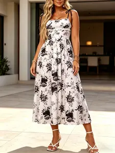 Women's Sleeveless Floral Printed Dress, Waist-Cropped Design, Long Midi Style, Elegant Chic Vacation Wear, Summer Beach, All-Over Pattern, Fitted Fit