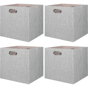 Set of 4 Collapsible Linen Storage Cubes - 13x13x13 Inches Fabric Bins for Kallax Shelves, Cabinet, Bookcase, Closet - Versatile Home Organizer Boxes for Decor and Laundry (Gray)