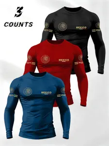 Men's Gold Totem Mexico Long Sleeve T-Shirt Set, Hardcore Fitness Sportswear, Bottom Golden Label, All Seasons, Athleisure Wear Set