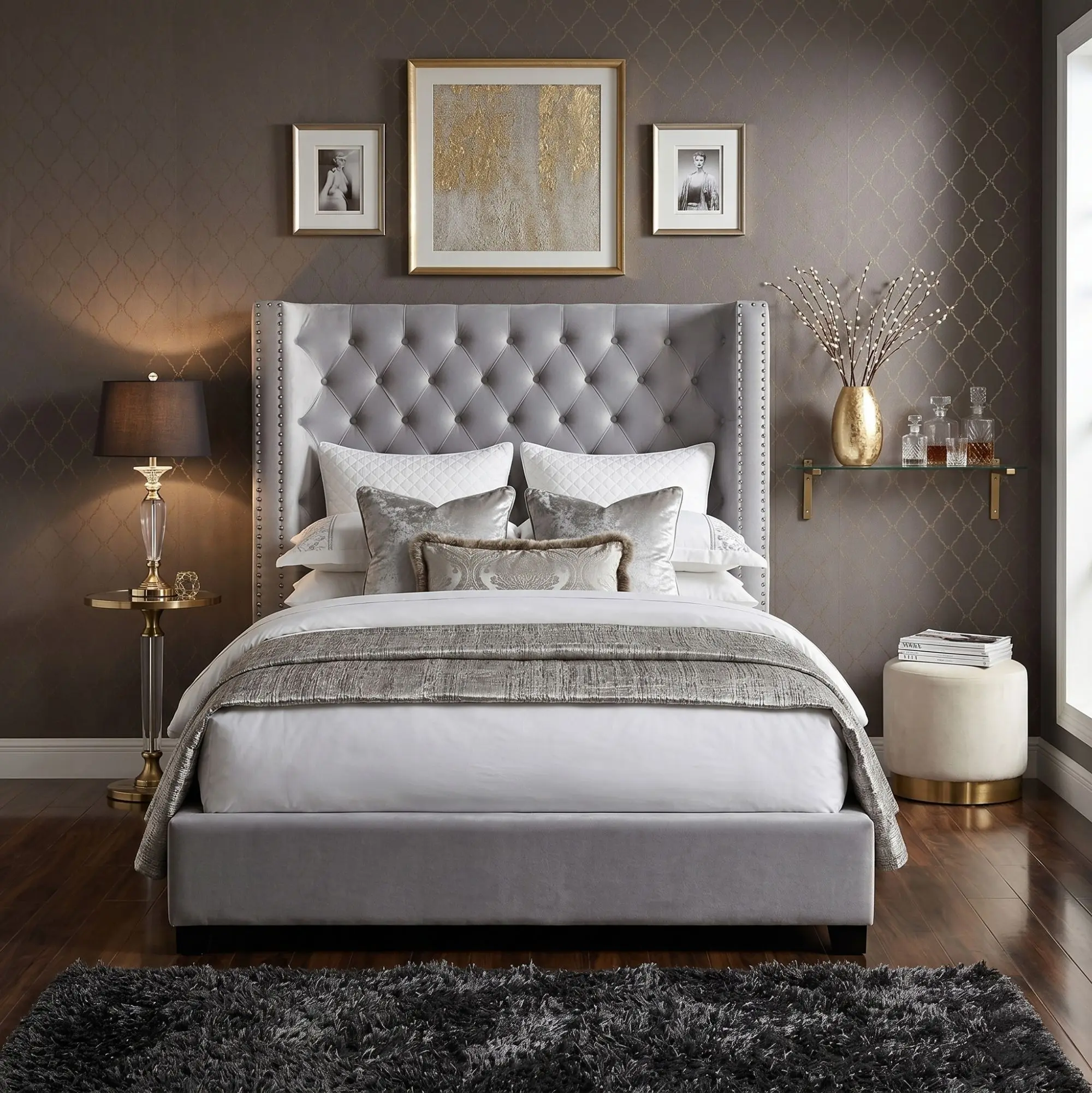Mirabelle Upholstered Platform Bed Frame with Wingback Tufted Headboard, Nailhead Trim By FOA - Elegant, Solid Wood Tufted Bed Frame, Upholstered Bed Frames