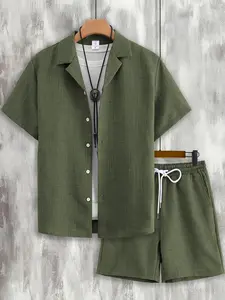 Men's Button Front Shirt & Drawstring Waist Shorts Loungewear, Casual Comfy Short Sleeve Top & Shorts Set, Men's Loungewear for Summer, Menswear, Relaxed Fit Loungewear, Shorts Pajama