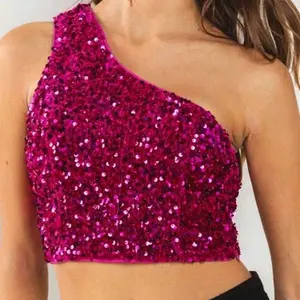 One Shoulder Sequin Crop Top - Fuchsia Glittery One-Shoulder Design for Women