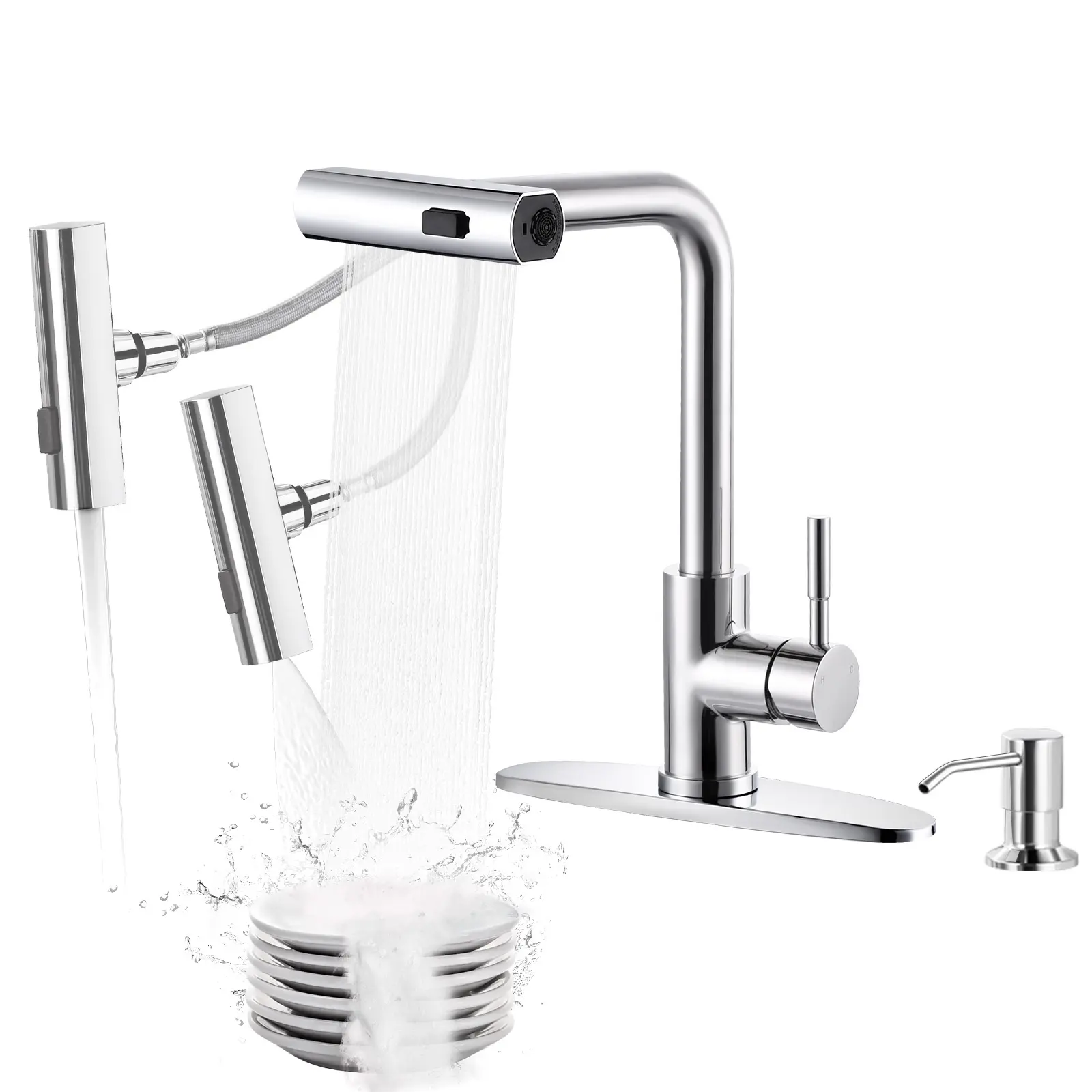 WOWOW Classic Glam Double Handle Waterfall Kitchen Faucet - Durable Steel Chrome Tap with Soap Dispenser, 3-Mode Pull-Down Sprayer, Rotatable Spout, 3-Hole Sink Fixture for Kitchen & Garden Tasks