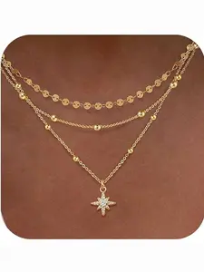 Layered Necklaces for Women, Dainty Gold Necklace Stack 14k Gold Plated Layering Beads Choker Pendant Necklace Set Simple Gold Necklaces for Women Trendy Fashion Gold Womens Jewelry Sets, Star Necklace
