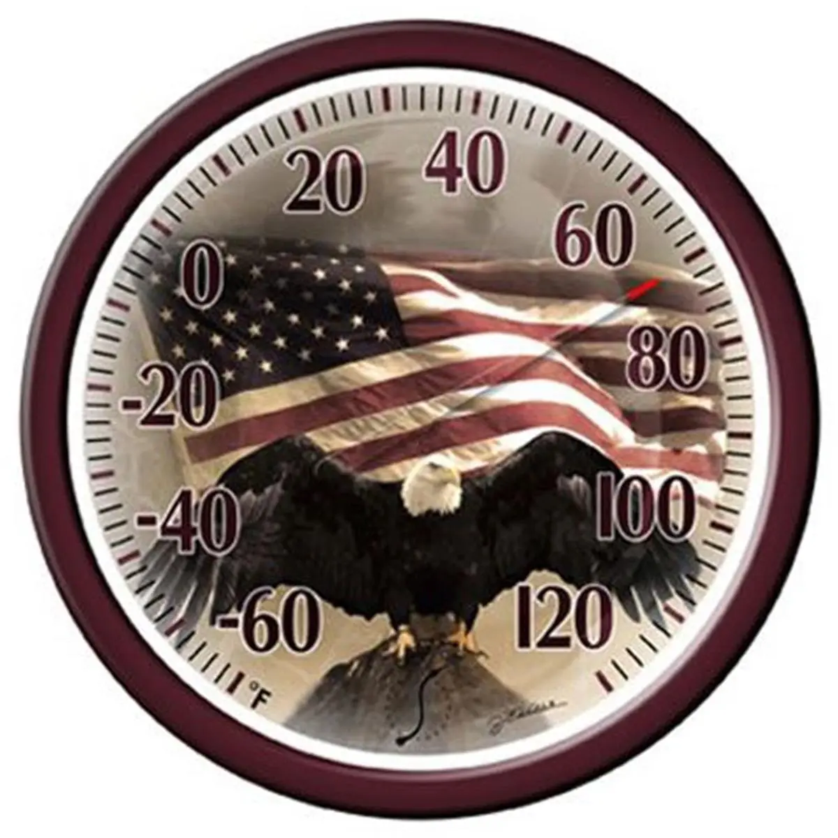 212 MAIN Indoor/Outdoor Temperature Measuring Thermometer, 13.25 in. Dial with Bald Eagle and American Flag Design, Fahrenheit Scale, Black Bezel