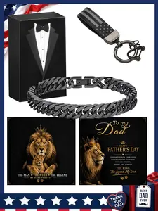 Father's Day Bestseller! Lion King Stainless Steel Cuban Link Bracelet Gift Set for Men & Boys, with American Flag Keychain, Premium Gift for Dad, Husband, Son