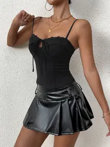 Backless Lace Splicing Front Tie Zipper Tight-Fitting Tank Top, Sweet Cool Punk Party Fashion Sleeveless Shirt