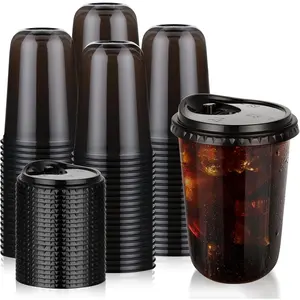 100 Set 16oz Black Plastic Cups with Sip Lids, Disposable Round Bottom Iced Coffee Cup with Lid, Black Clear To Go Drinking Cups Bulk for Cold Drinks Slushie Lemonade Halloween Party Supplies