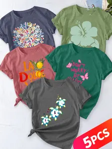 Women's 5-Pack Casual Crew Neck T-Shirt, Watercolor Floral, Hibiscus Silhouette, Lemon Slogan, Butterfly Slogan & Turtle Print, Multiple Colors Available, Machine Washable, Spring & Summer Top, Soft Skin-Friendly Fabric, Daily Versatile, Fashion Design