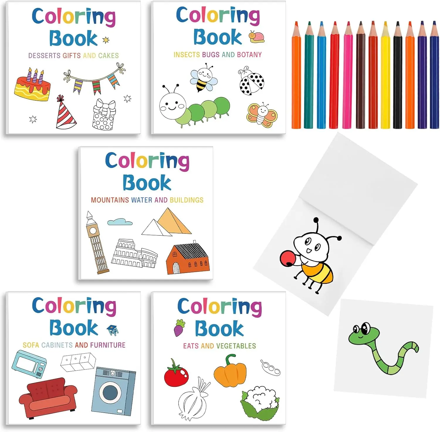 Summer Spring Gift 5 Pcs Mini Coloring Books with 12 Mini Pencils Variety Pack Pocket Size Small Coloring Books Gifts for Adults Coworkers Travel
