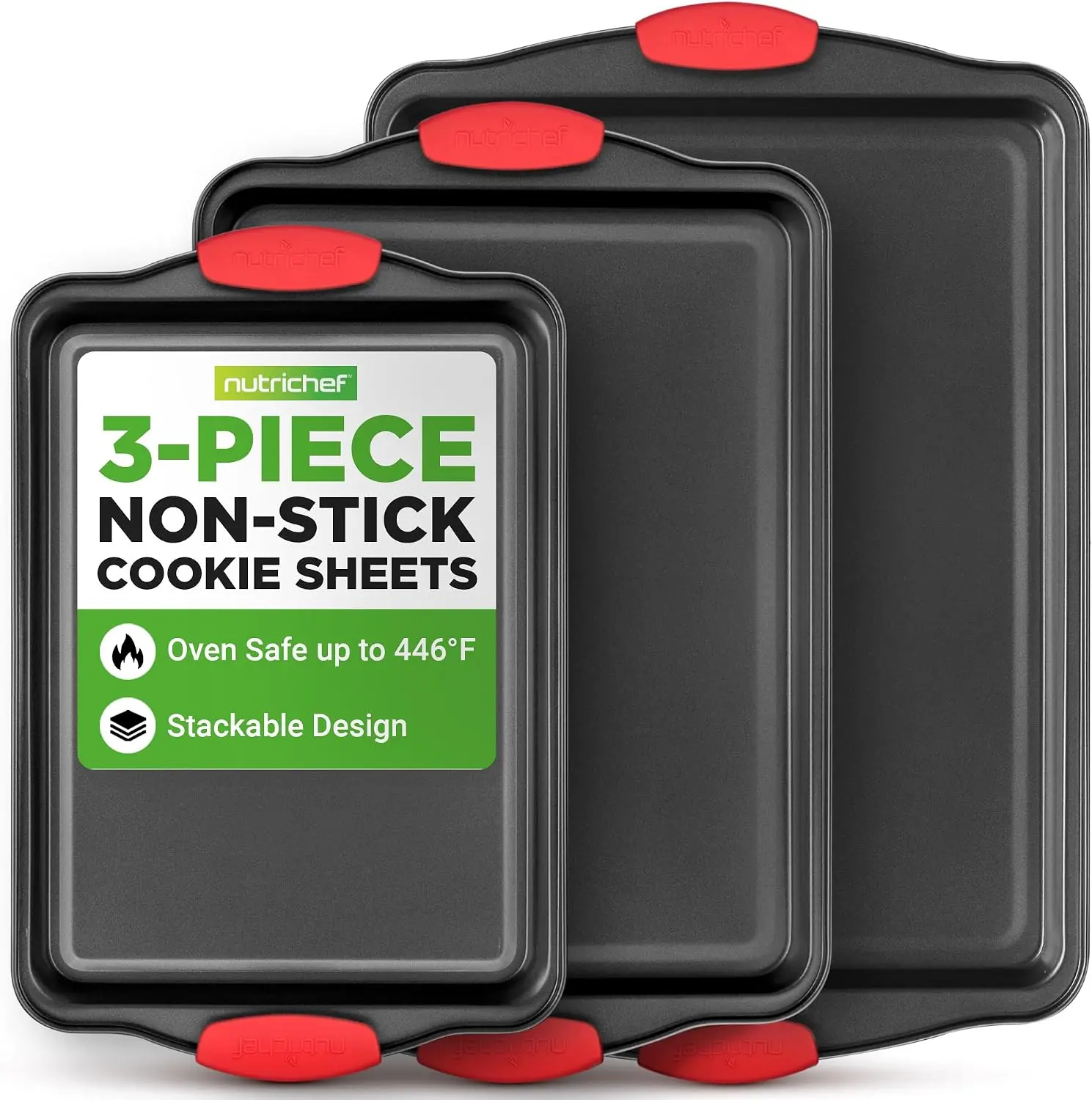 3-Piece Nonstick Baking Sheet Set with Silicone Handles, Stackable Cookie Pans in Small, Medium & Large Sizes