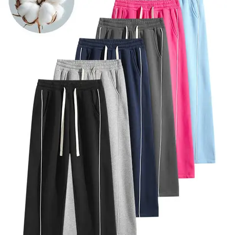 Unisex cotton blend straight-leg sweatpants with contrasting side stripes, high waist with drawstring, slimming fit, available in multiple colors, versatile casual floor-length pants