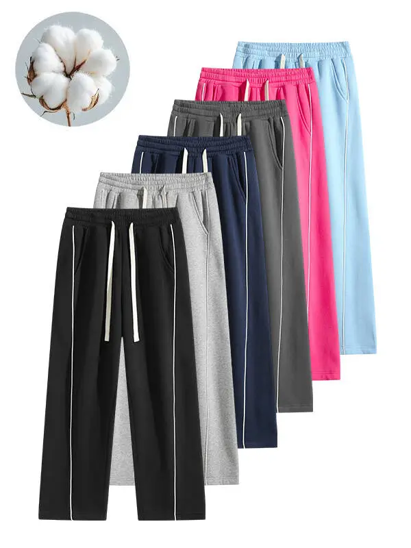 cotton blend straight-leg sweatpants with contrasting side stripes, high waist with drawstring, slimming fit, available in multiple colors, versatile casual floor-length pants