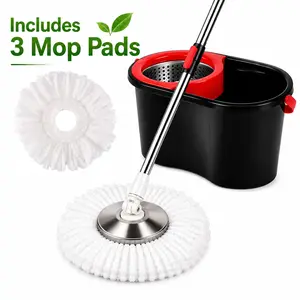 Spin Mop and Bucket Set with Wringer 360° Swivel Head 49" Stainless Steel Handle 3 Microfiber Refills for Home Office Cleaning