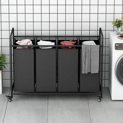 LINZINAR Classic Rectangle Wheeled Laundry Bin Sorter Cart - 4-Bag, 44x15.74x33in Rolling High-Capacity Laundry Basket with Lockable Wheels, Detachable Waterproof Oxford Bags, Metal Handles, Easy Install
