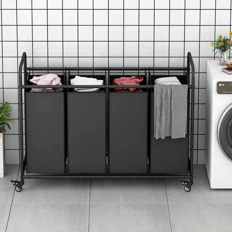 LINZINAR Classic Rectangle Wheeled Laundry Bin Sorter Cart - 4-Bag, 44x15.74x33in Rolling High-Capacity Laundry Basket with Lockable Wheels, Detachable Waterproof Oxford Bags, Metal Handles, Easy Install