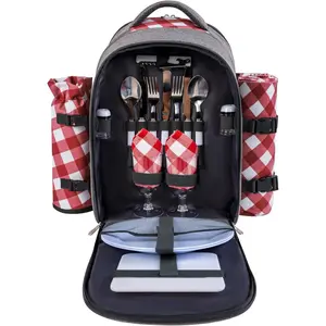 apollo walker Picnic Backpack Bag with Cooler Compartment, Detachable Bottle/Wine Holder, Fleece Blanket, Plates and Cutlery Set (2 Person, Gray)