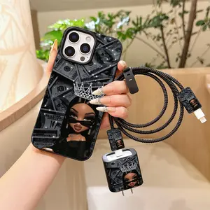 6 Piece Set Liquid Queen Dollar Pattern Phone Case, Charger Head Cover, Cable Protector, Storage Rope, Data Line Protection, iPhone 6-17 Pro Max