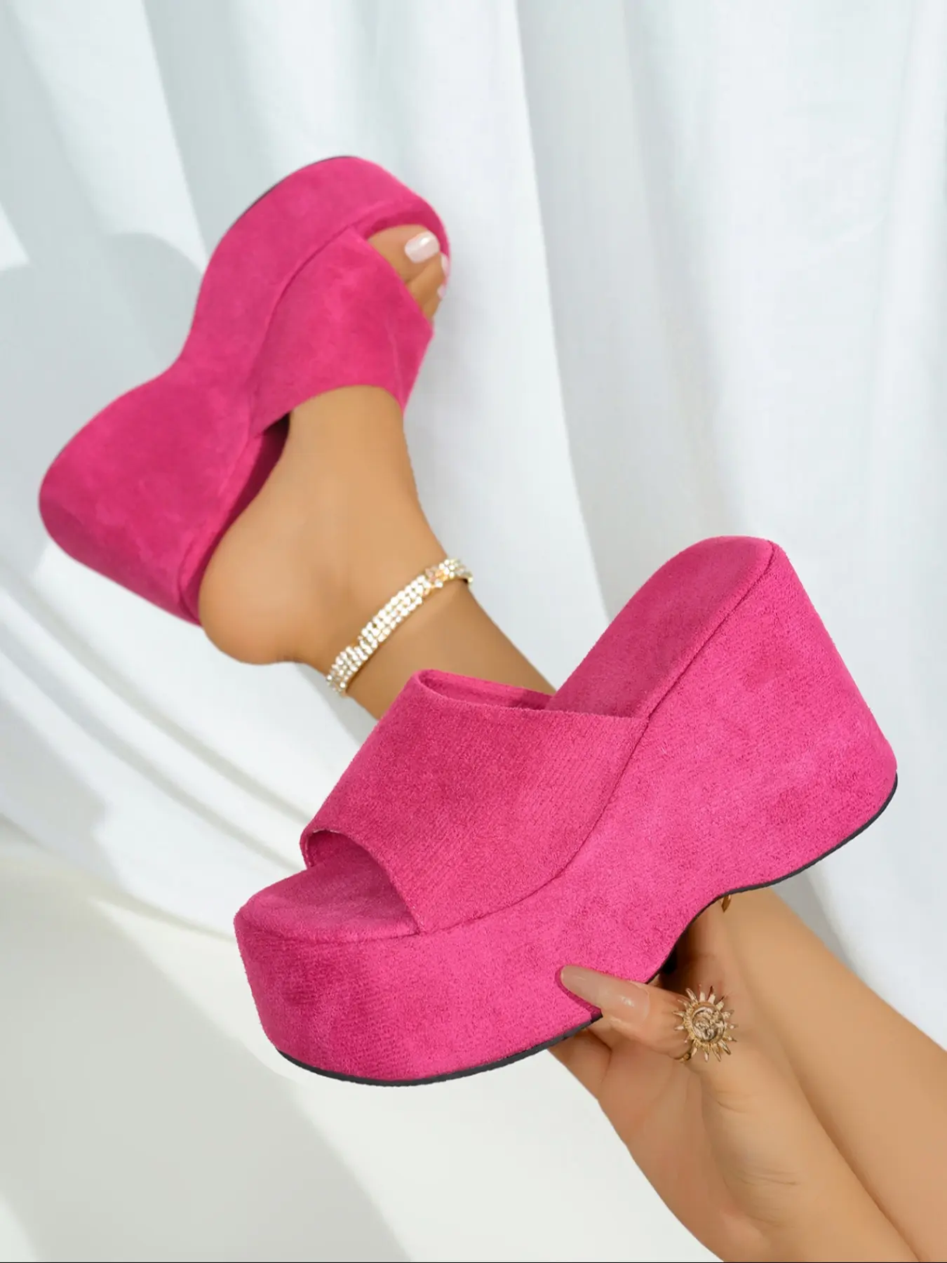 Women's Thick Sole High Heel Sandals, Peep Toe Heels, Peep Toe Wedge, Wedge Design, Waterproof Platform Fish Mouth Slip-On Shoes, Stylish Casual Footwear for Daily Wear, Heeled Sandals