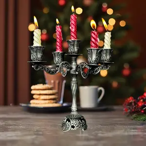Table Candle Holder, Vintage 5-Arm & 3-Arm Candelabra Set for Dining Table Centerpiece, Zinc Alloy Pewter Finish for Halloween Thanksgiving Christmas, 22cm Gothic Holiday Gift