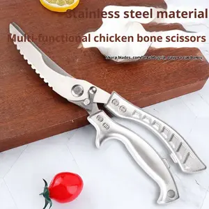 Heavy-Duty Multifunctional Kitchen Chicken Bone Scissors - Stainless Steel, Sharp Non-Rolling Blade, Automatic Rebound & Safety Lock, Ergonomic Anti-Slip Handle, Zones for Bone Cutting/Scaling/Meat/Vegetables, Effortless Tough Material Tackling