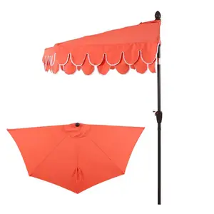 Terrace Arc 9 ft. Classic MidCentury Scalloped Fringe Market Patio Half Umbrella with CrankTilt Button and UV Protection