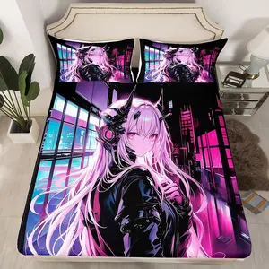 Japanese Anime Fitted Sheet,Anime Girl Bedding Set,Kawaii Japanese Style Bedding Set,Cartoon Japan Animation Bed Set for Boys Teens Adult Women Bedroom Decor