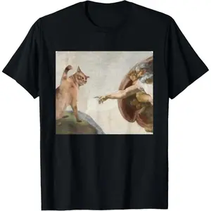 Funny Cat God Creation of Adam meme michelangelo jesus art T-Shirt