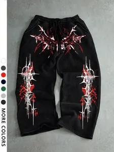 Men's Gothic Thorn Pattern Printed Casual Sweatpants, Loose Fit Drawstring Wide Leg Pants for All Seasons, Comfortable Fashion for Leisure