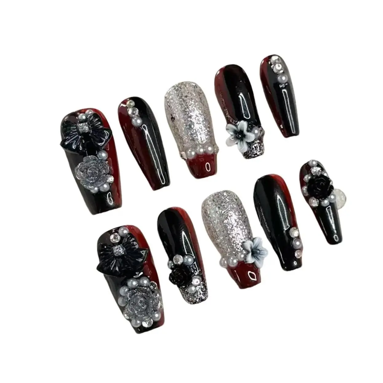 F12 Handmade Removable Press-On Nails, Rhinestone Bow-Decorated 3D Flower Art, Red and Black Advanced Charm for Nail Care & Beauty, 3D Flower Nails