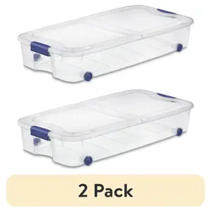 (2 pack) STe 66 Quart Latching Underbed Wheeled Storage Bin, Clear Plastic Storage Container with Latch Lid, Blue