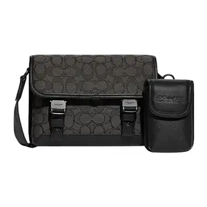 Coach League 22 Classic Coated Canvas and Leather Crossbody Bag with Open Pocket and Snap Closure for Men