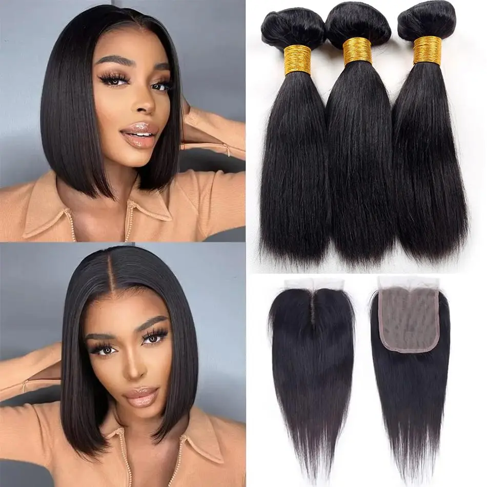 15A Malaysian Straight Bundles With Closure 3 Bundles With Closure Unprocessed Virgin Short Bob Tissage Boucle Cheveux Humain