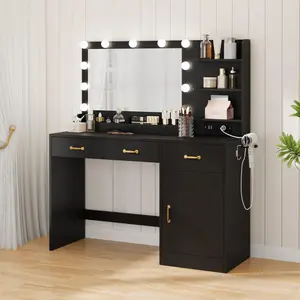Vanity Desk with Mirror & Lights, Makeup Vanity with Power Outlet & 11 LED Bulbs, Black Dressing Table with 3 Drawers & Storage Shelves, Upholstered Storage Stool Optional