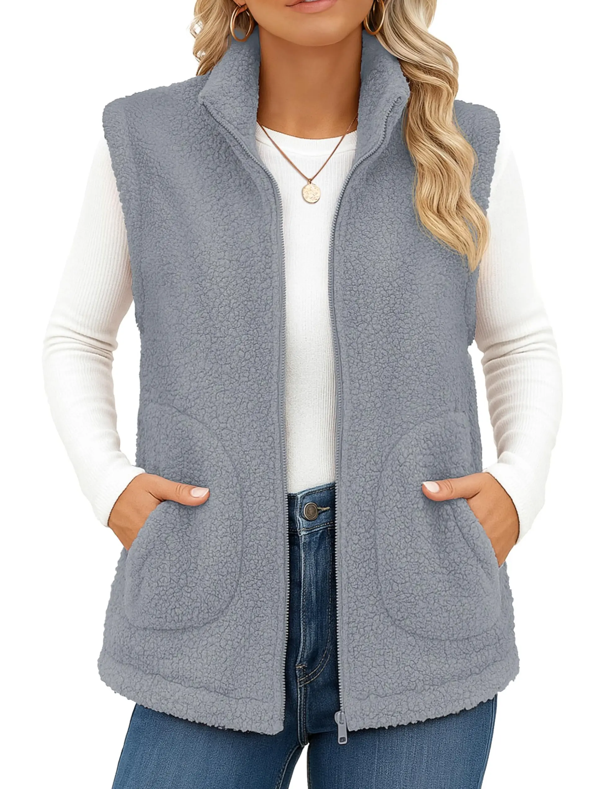 YUCOLEN Sherpa Fleece Vest for Women Sleeveless Lightweight Zip Up Outerwear Winter Warm Vest Jacket with Pockets