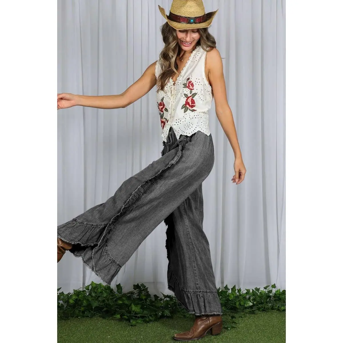 Vine & Love - Flared Ruffle Hem Washed Chambray Crop Denim Pants Vine & Love - Flared Ruffle Hem Washed Chambray Crop Denim Pants