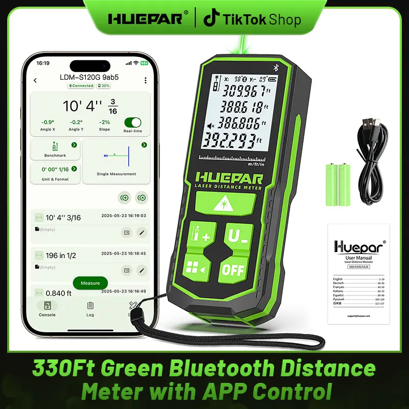 Huepar Rechargeable Laser Measurement Tool, 330Ft Green Bluetooth Distance Meter with APP Control, ±1/16" Precision & Angle Sensor, IP54 Durable for Job Site & DIY