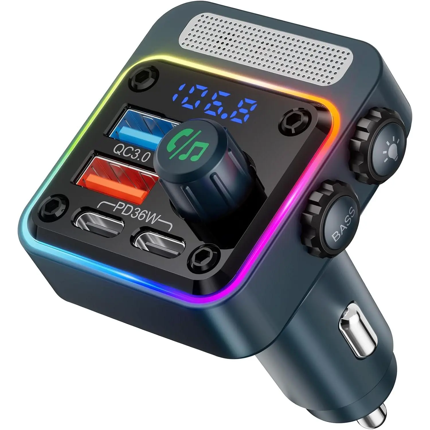 54W Bluetooth 5.3 Car Adapter with 4 Charging Ports [PD 36W & QC3.0 18W], Wireless Radio FM Transmitter with Deep Bass Player & 5 Colors LED Backlit, Hands-Free Calling - Blue