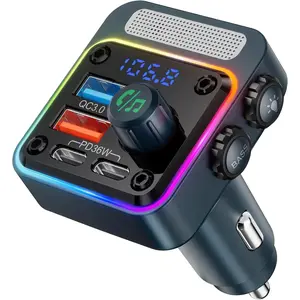 54W Bluetooth 5.3 Car Adapter with 4 Charging Ports [PD 36W & QC3.0 18W], Wireless Radio FM Transmitter with Deep Bass Player & 5 Colors LED Backlit, Hands-Free Calling - Blue